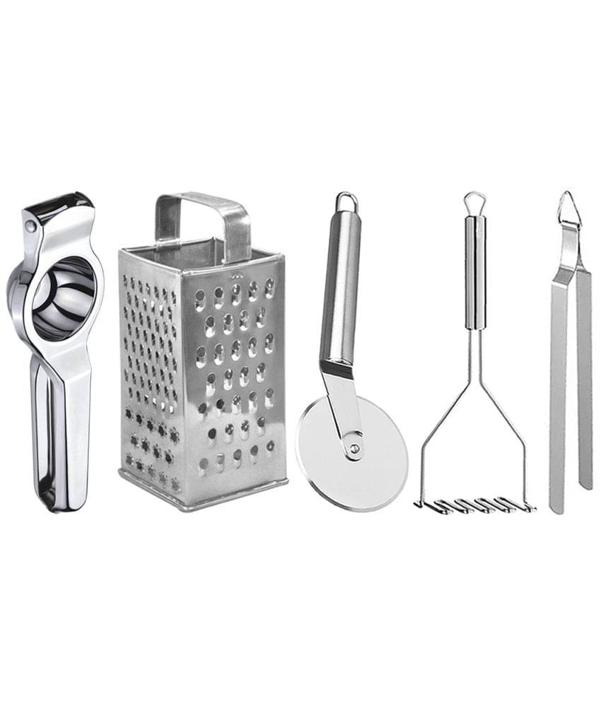 JISUN - Silver Stainless Steel Lemon Squeezer-Grater-Pizza Cutter-Masher-Chimta ( Set of 5 )     			JISUN - Silver Stainless Steel Lemon Squeezer-Grater-Pizza Cutter-Masher-Chimta ( Set of 5 )