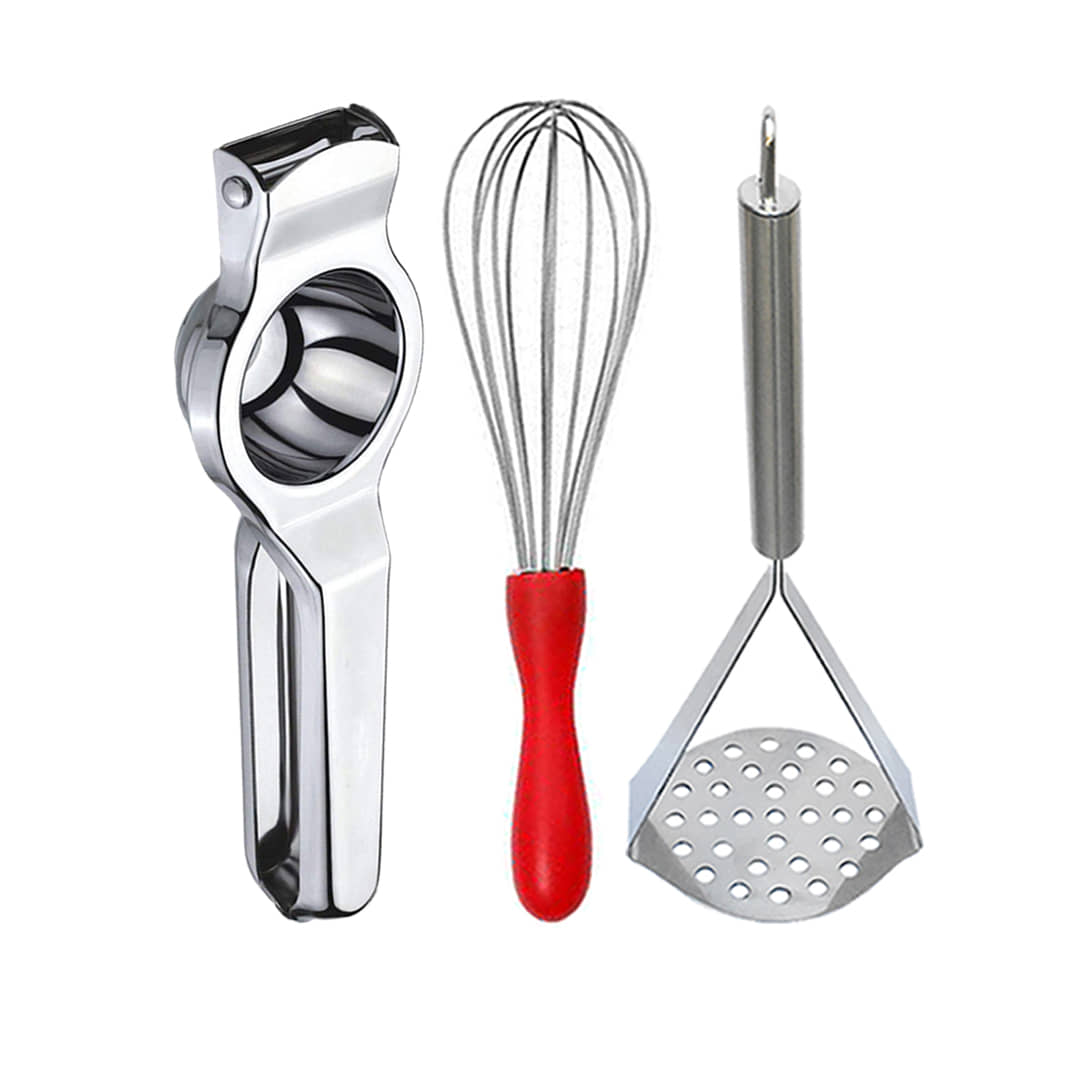 JISUN - Silver Stainless Steel Lemon Squeezer & Egg Whisk & Potato Masher ( Set of 3 )