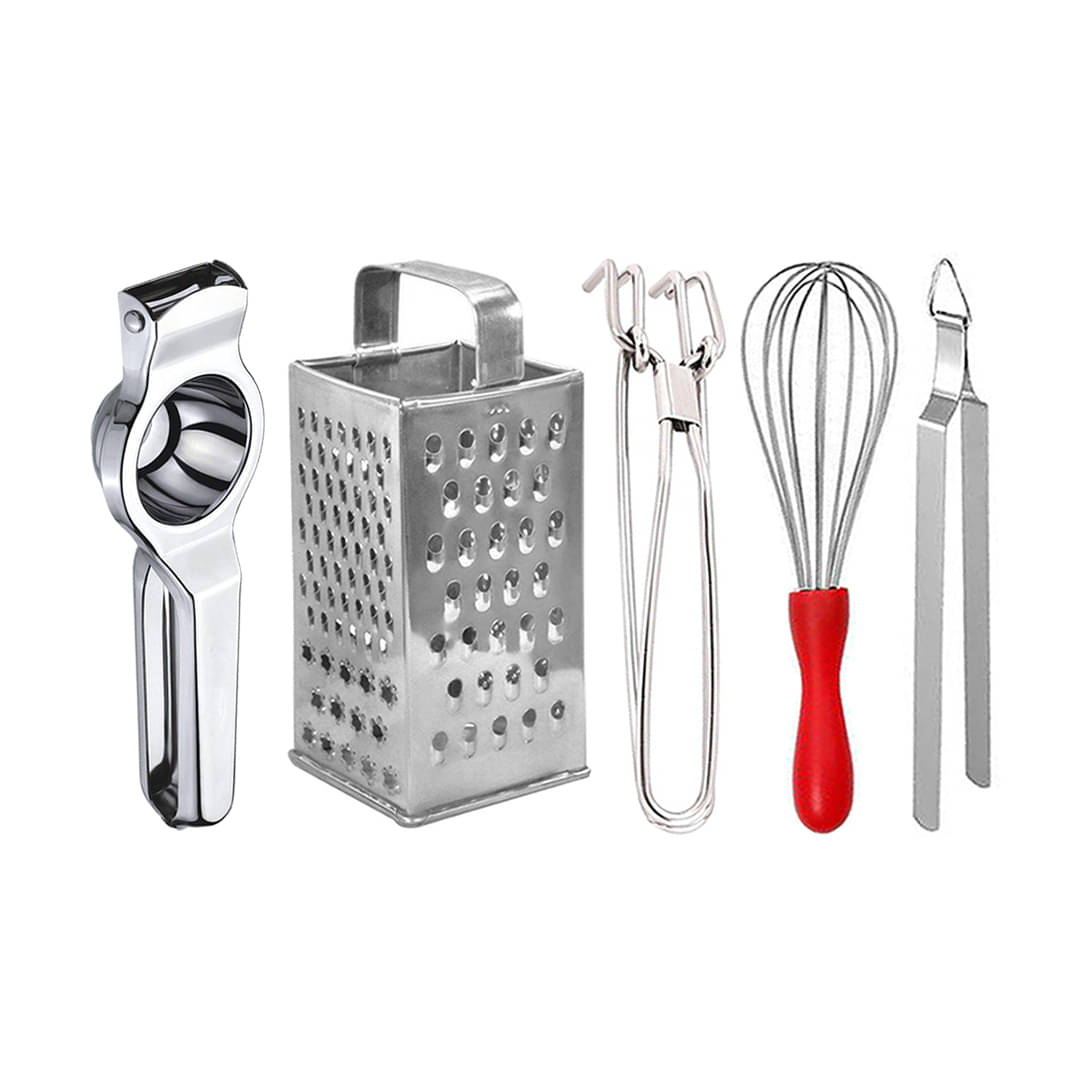 JISUN - Silver Stainless Steel Lemon Squeezer-Grater-Pakkad-Whisk-Chimta ( Set of 5 )     			JISUN - Silver Stainless Steel Lemon Squeezer-Grater-Pakkad-Whisk-Chimta ( Set of 5 )