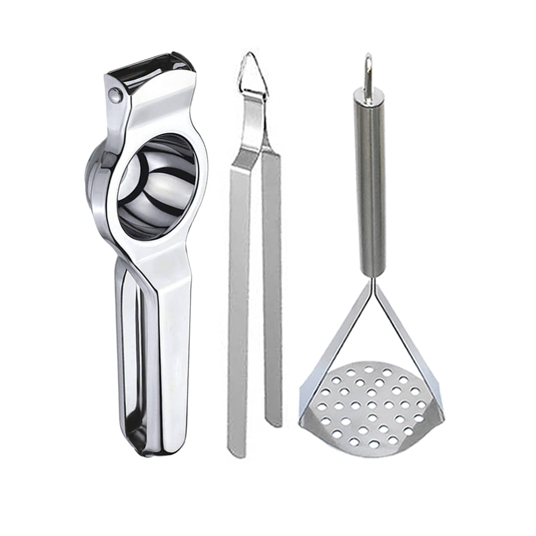 JISUN - Silver Stainless Steel Lemon Squeezer & Roti Chimta & Potato Masher ( Set of 3 )