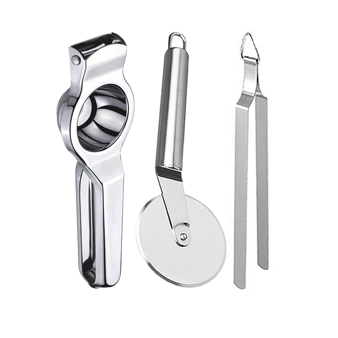 JISUN - Silver Stainless Steel Lemon Squeezer & Pizza Cutter & Roti Chimta ( Set of 3 )     			JISUN - Silver Stainless Steel Lemon Squeezer & Pizza Cutter & Roti Chimta ( Set of 3 )