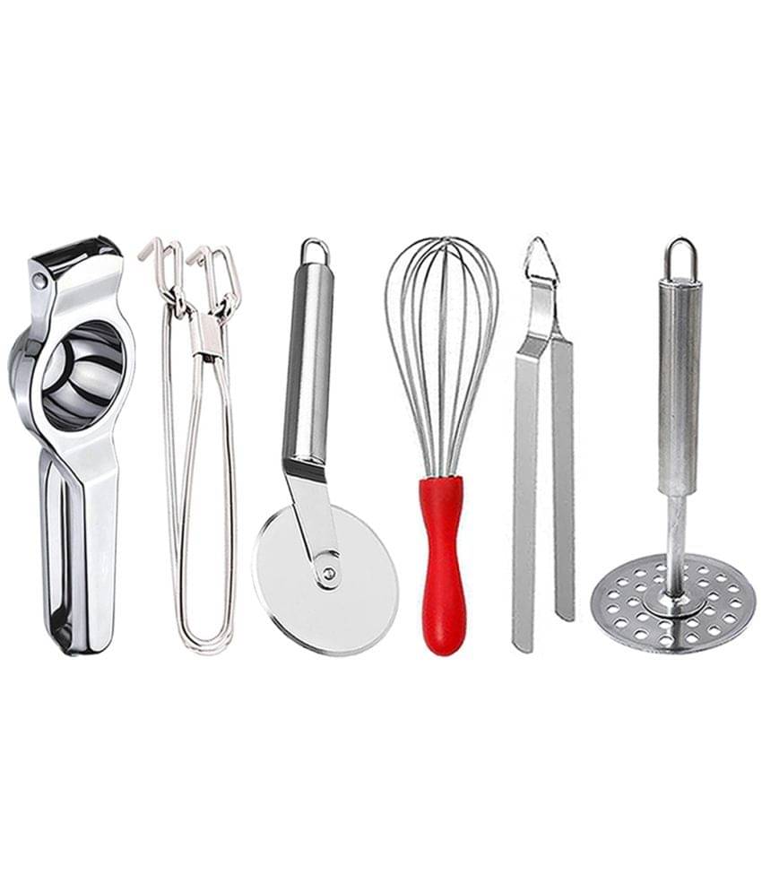 JISUN - Silver Stainless Steel Lemon-Pakkad-Pizza Cutter-Whisk-Chimta-Masher ( Set of 6 )     			JISUN - Silver Stainless Steel Lemon-Pakkad-Pizza Cutter-Whisk-Chimta-Masher ( Set of 6 )