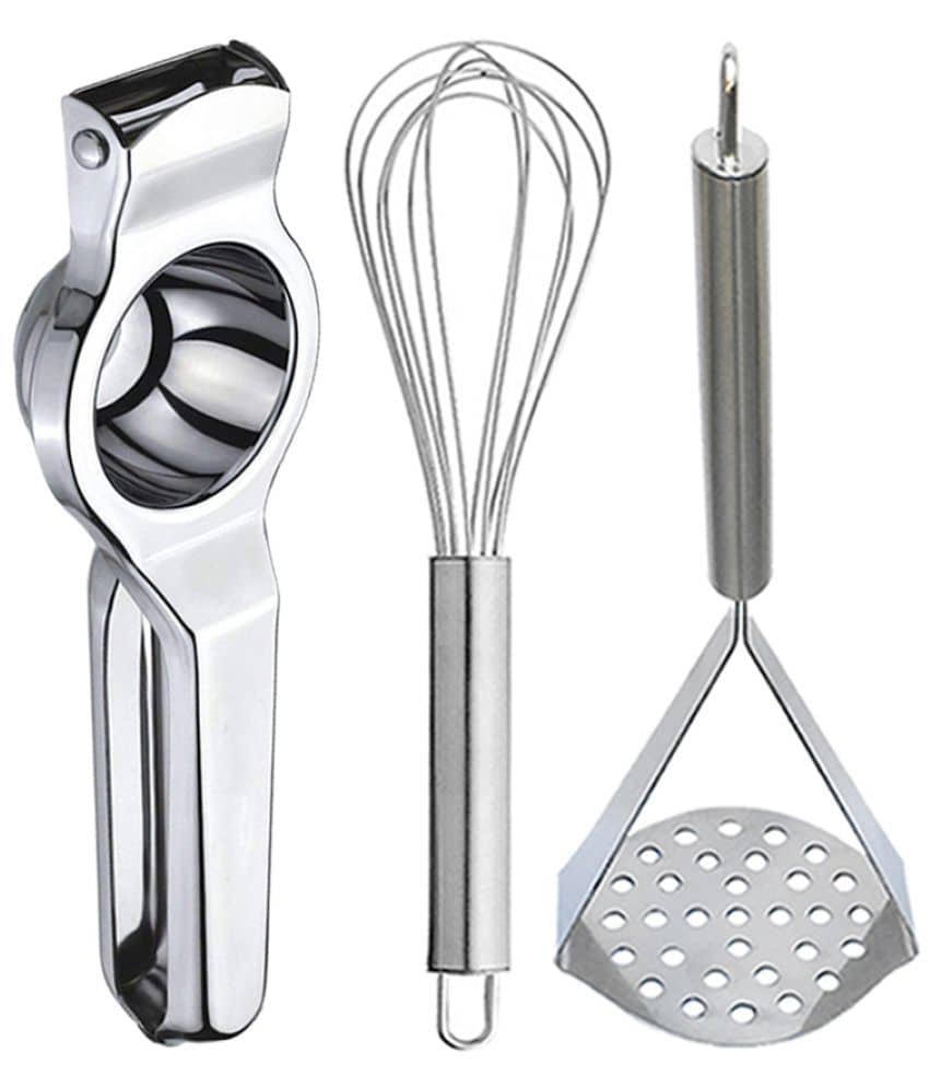 JISUN - Silver Stainless Steel Lemon Squeezer & Egg Whisk & Potato Masher ( Set of 3 )