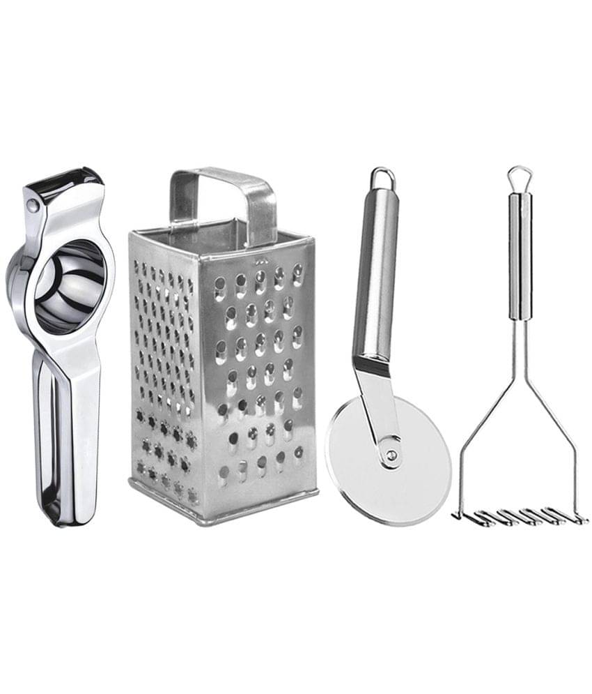 JISUN - Silver Stainless Steel Lemon Squeezer-Grater-Pizza Cutter-Potato Masher ( Set of 4 ) JISUN - Silver Stainless Steel Lemon Squeezer-Grater-Pizza Cutter-Potato Masher ( Set of 4 )