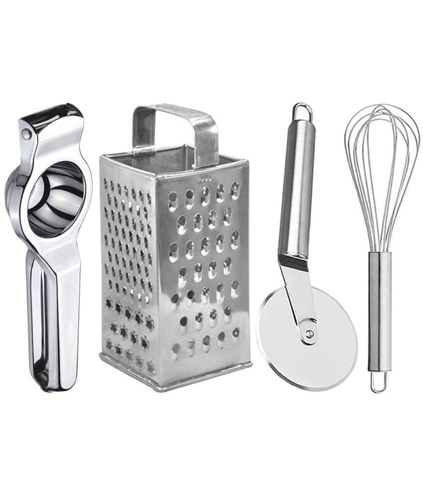 JISUN - Silver Stainless Steel Lemon Squeezer-Grater-Pizza Cutter-Egg Whisk ( Set of 4 )     			JISUN - Silver Stainless Steel Lemon Squeezer-Grater-Pizza Cutter-Egg Whisk ( Set of 4 )