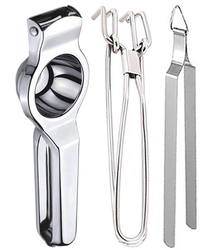 JISUN - Silver Stainless Steel Lemon Squeezer & Pakkad & Roti Chimta ( Set of 3 )
