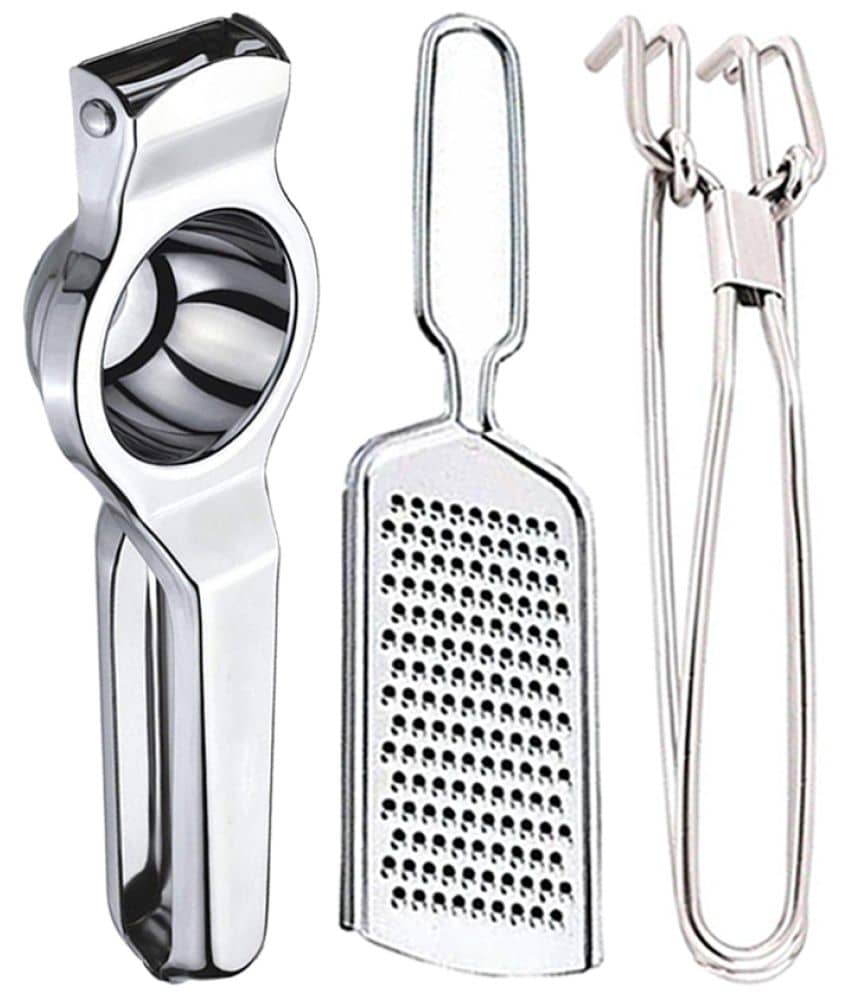 JISUN - Silver Stainless Steel Lemon Squeezer & Cheese Grater & Pakkad ( Set of 3 )