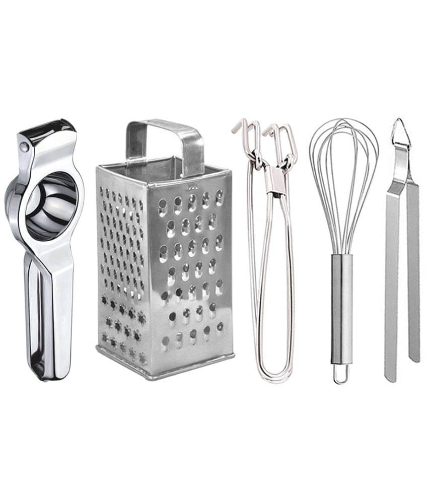 JISUN - Silver Stainless Steel Lemon Squeezer-Grater-Pakkad-Egg Whisk-Chimta ( Set of 5 )     			JISUN - Silver Stainless Steel Lemon Squeezer-Grater-Pakkad-Egg Whisk-Chimta ( Set of 5 )