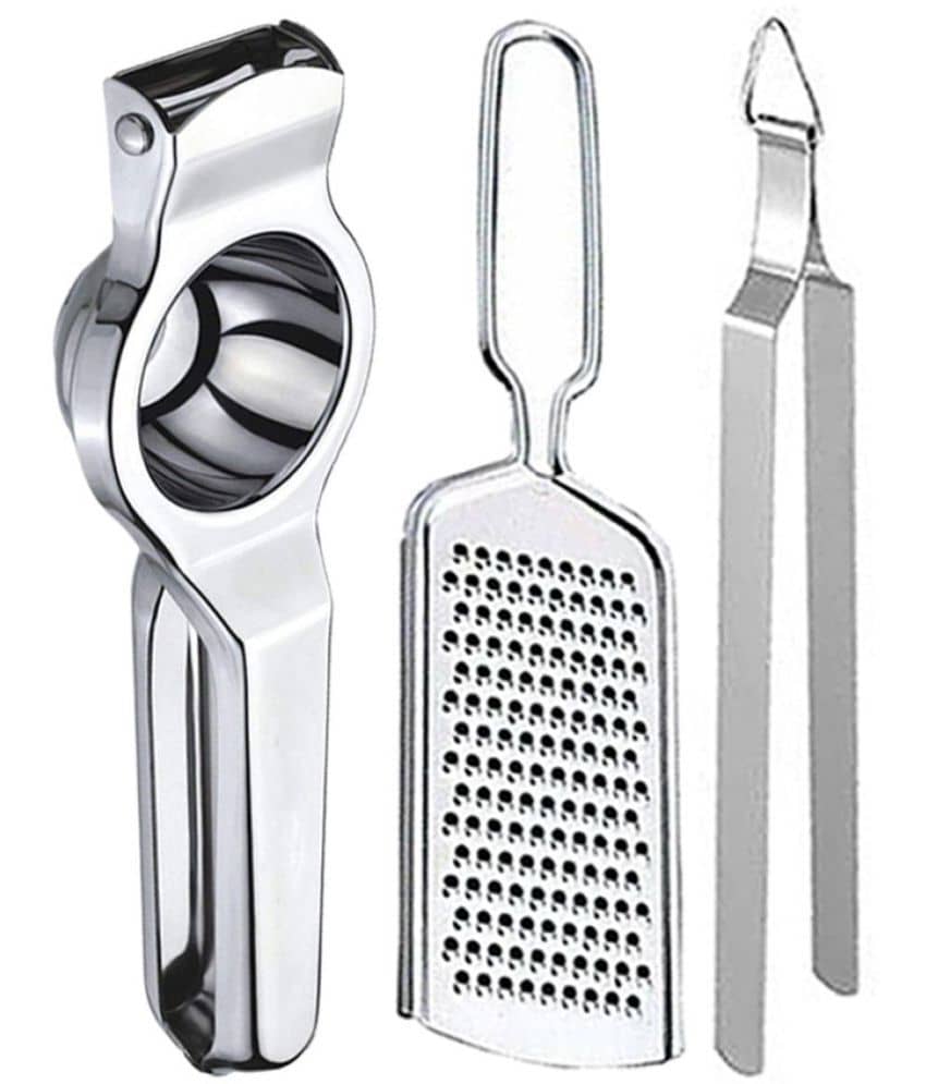 JISUN - Silver Stainless Steel Lemon Squeezer & Cheese Grater & Roti Chimta ( Set of 3 )