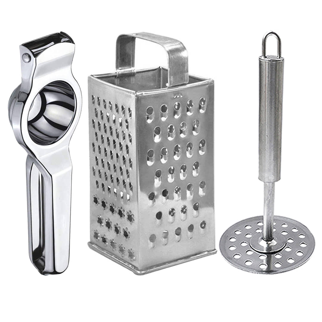 JISUN - Silver Stainless Steel Lemon Squeezer & Grater & Potato Masher ( Set of 3 )