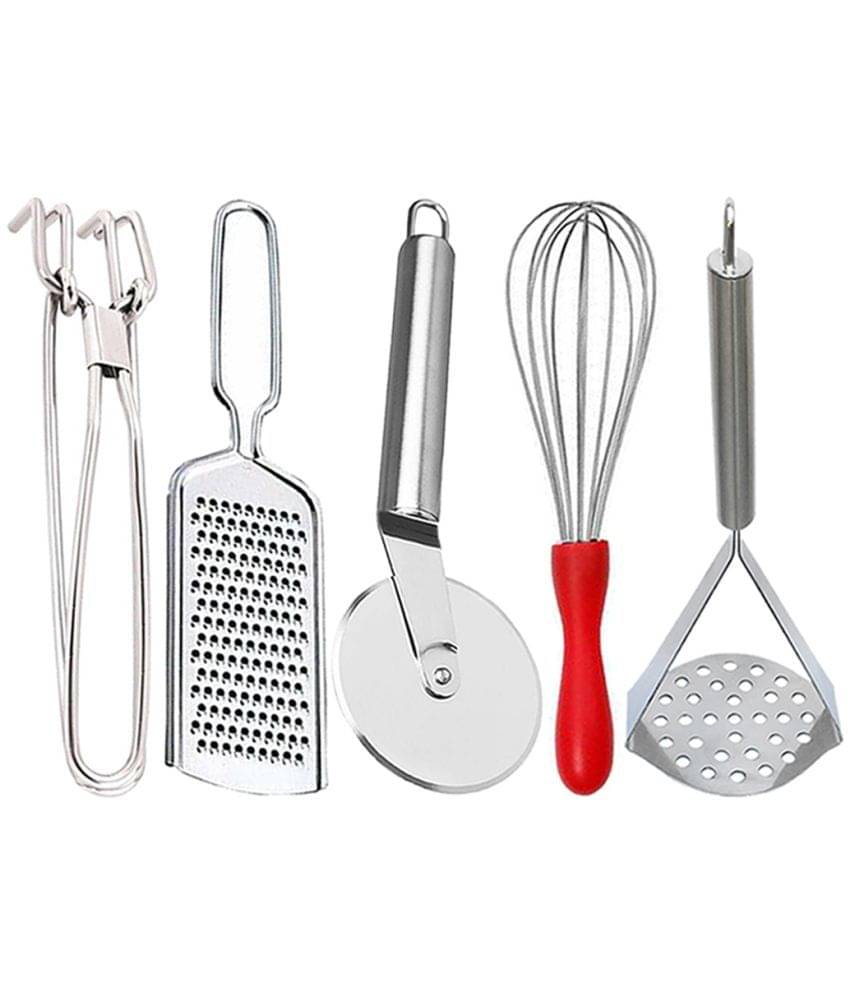 JISUN - Silver Stainless Steel PAKKAD+WIRE GRATER+RED WHISK+PIZZA+OVAL MASHER0 ( Set of 5 ) JISUN - Silver Stainless Steel PAKKAD+WIRE GRATER+RED WHISK+PIZZA+OVAL MASHER0 ( Set of 5 )