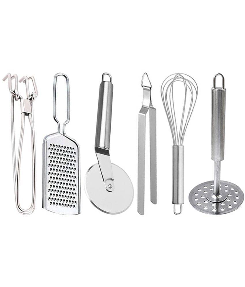 JISUN - Silver Stainless Steel WIRE GRATER+PAKKAD+PIZZA+WHISK+CHIMTA+ROUND MASHER ( Set of 6 )     			JISUN - Silver Stainless Steel WIRE GRATER+PAKKAD+PIZZA+WHISK+CHIMTA+ROUND MASHER ( Set of 6 )