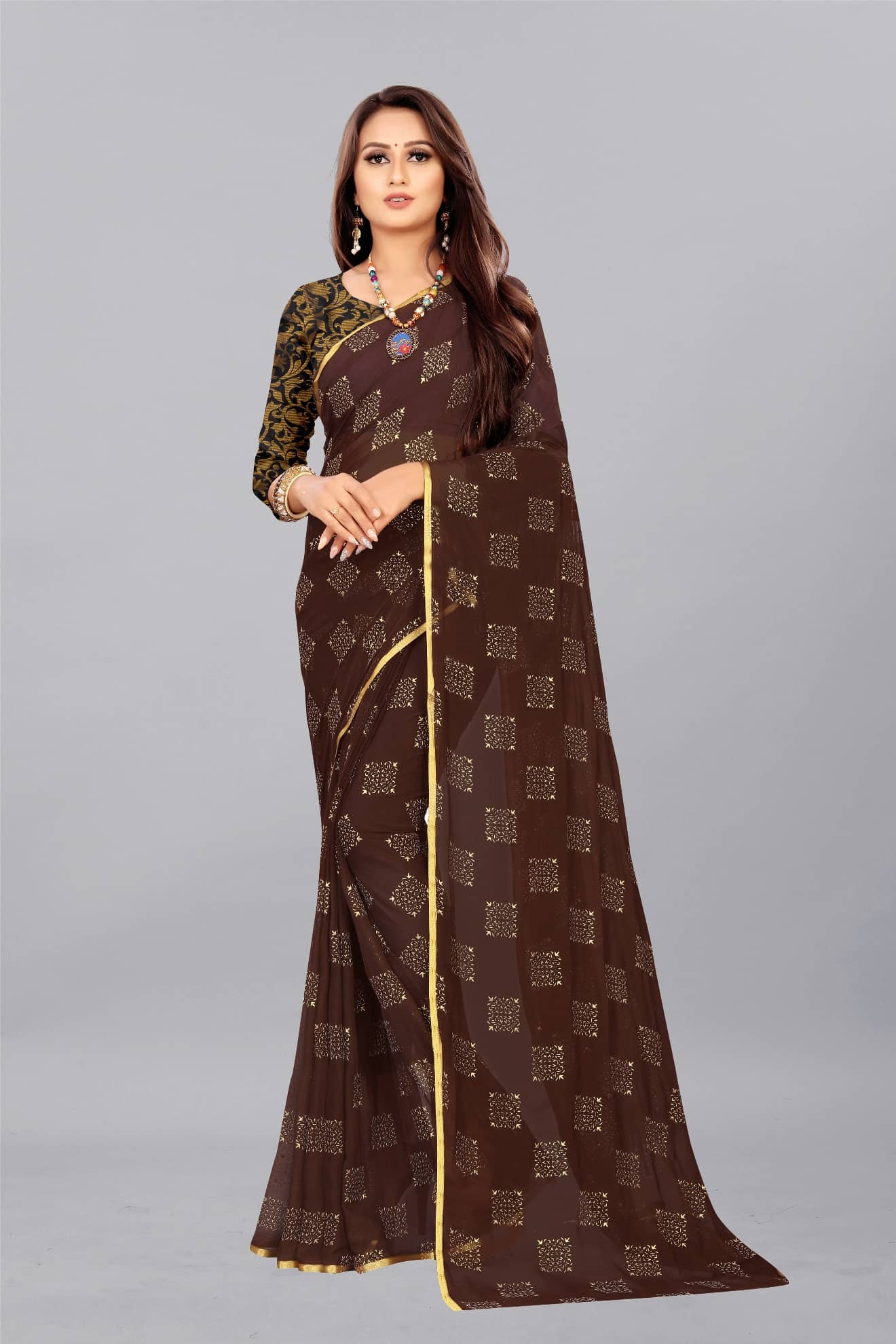 Rhey Chiffon Printed Saree With Unstitched Blouse Piece ( Grey ) - Sarees | Buy online on ZillyBuy