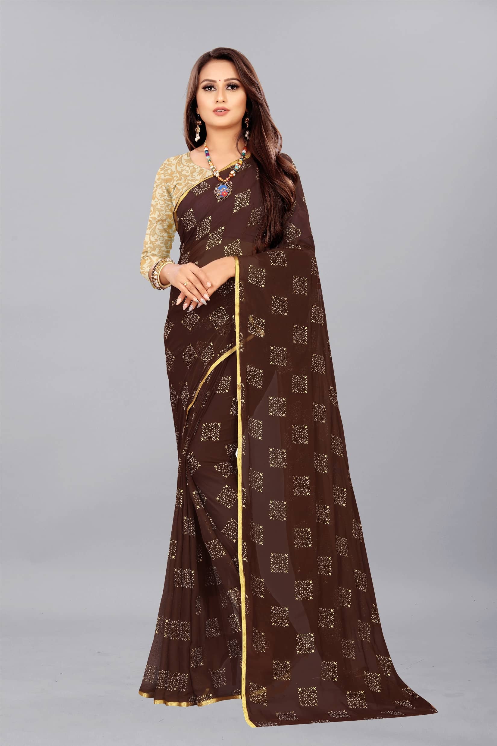 Rhey Chiffon Printed Saree With Unstitched Blouse Piece ( Navy Blue ) - Sarees | Buy online on ZillyBuy