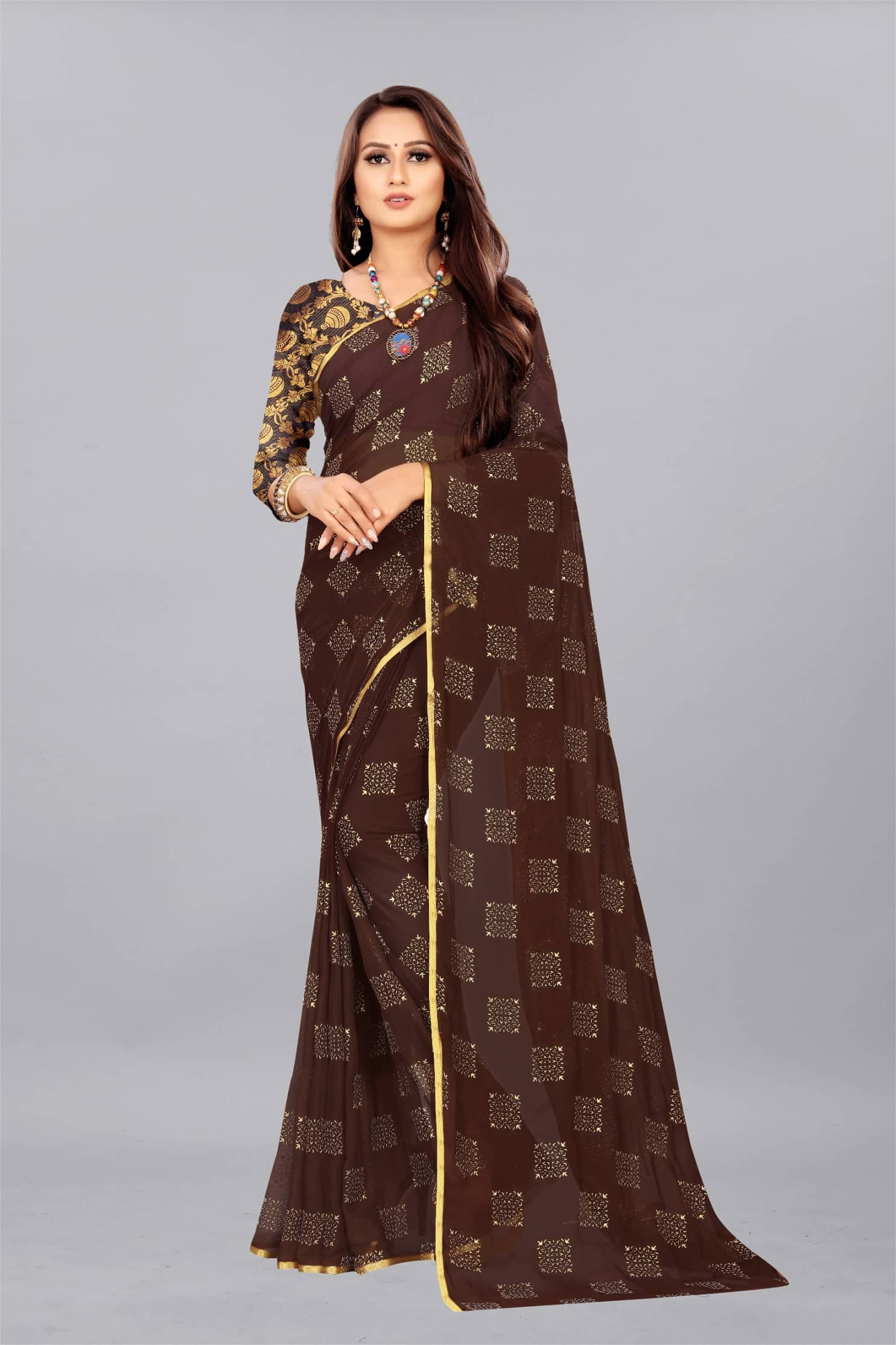 Rhey Chiffon Printed Saree With Unstitched Blouse Piece ( Rama ) - Sarees | Buy online on ZillyBuy