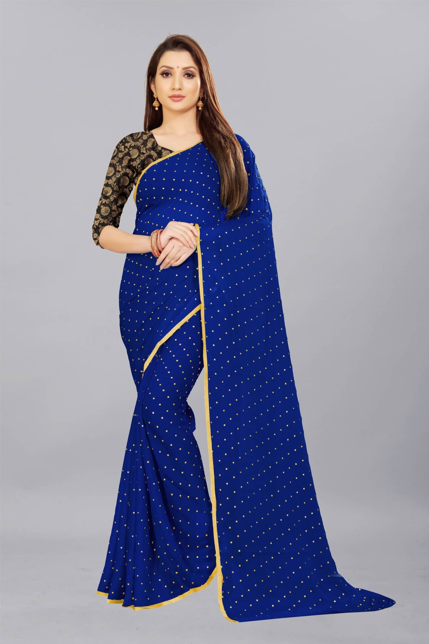 Rhey Chiffon Printed Saree With Unstitched Blouse Piece ( Navy Blue ) - Sarees | Buy online on ZillyBuy