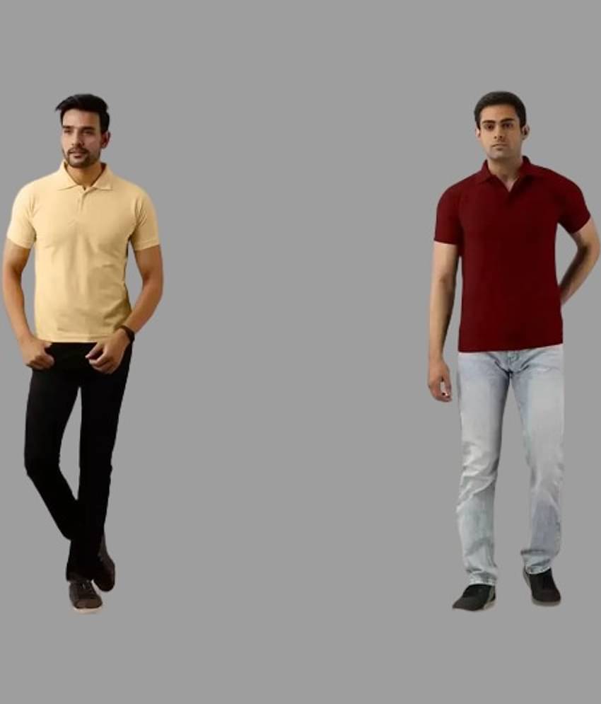 SKYRISE Pack of 2 Cotton Blend Slim Fit Solid Half Sleeves Men's Polo T Shirt ( Beige )