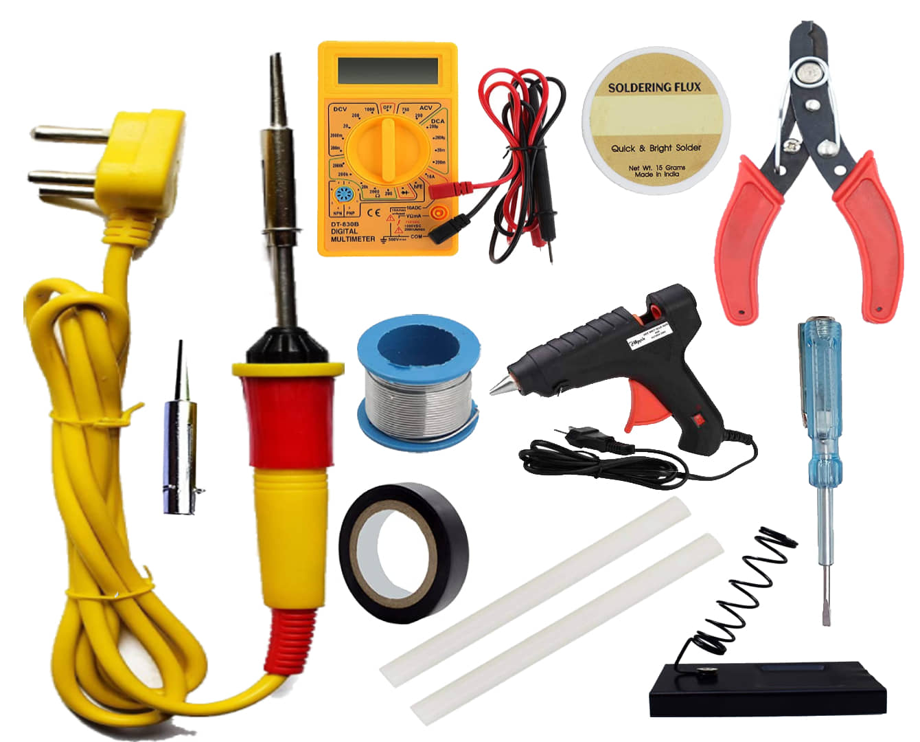 ALDECO: ( 12 in 1 ) Soldering Iron Kit contains- Yellow Iron, Wire, Flux, Bit, Stand, Cutter, Tester, Tape, Glue Gun, 2 Glue Stick, Digital Multimeter