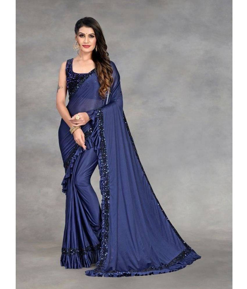 Aika Lycra Embellished Saree With Unstitched Blouse Piece ( Navy Blue ) Aika Lycra Embellished Saree With Unstitched Blouse Piece ( Navy Blue )