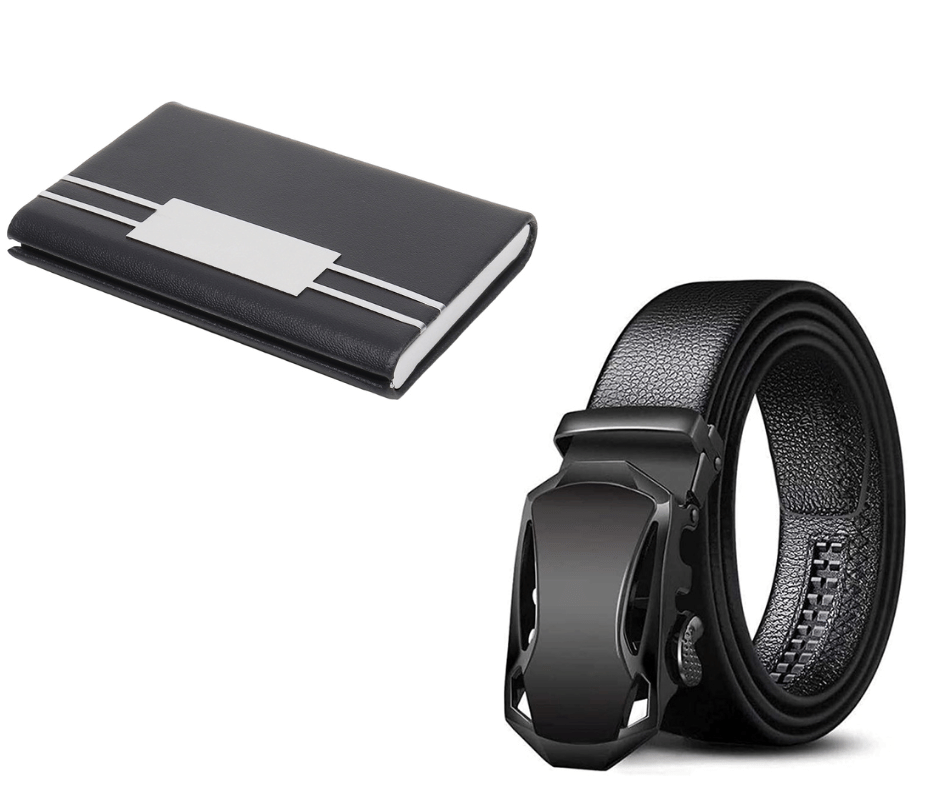 Clock21 - Black Leather Men's Belts Wallets Set ( Pack of 2 )