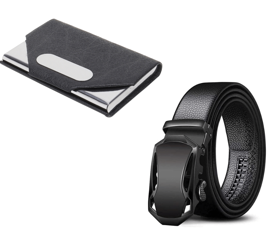 Clock21 - Black Leather Men's Belts Wallets Set ( Pack of 2 )