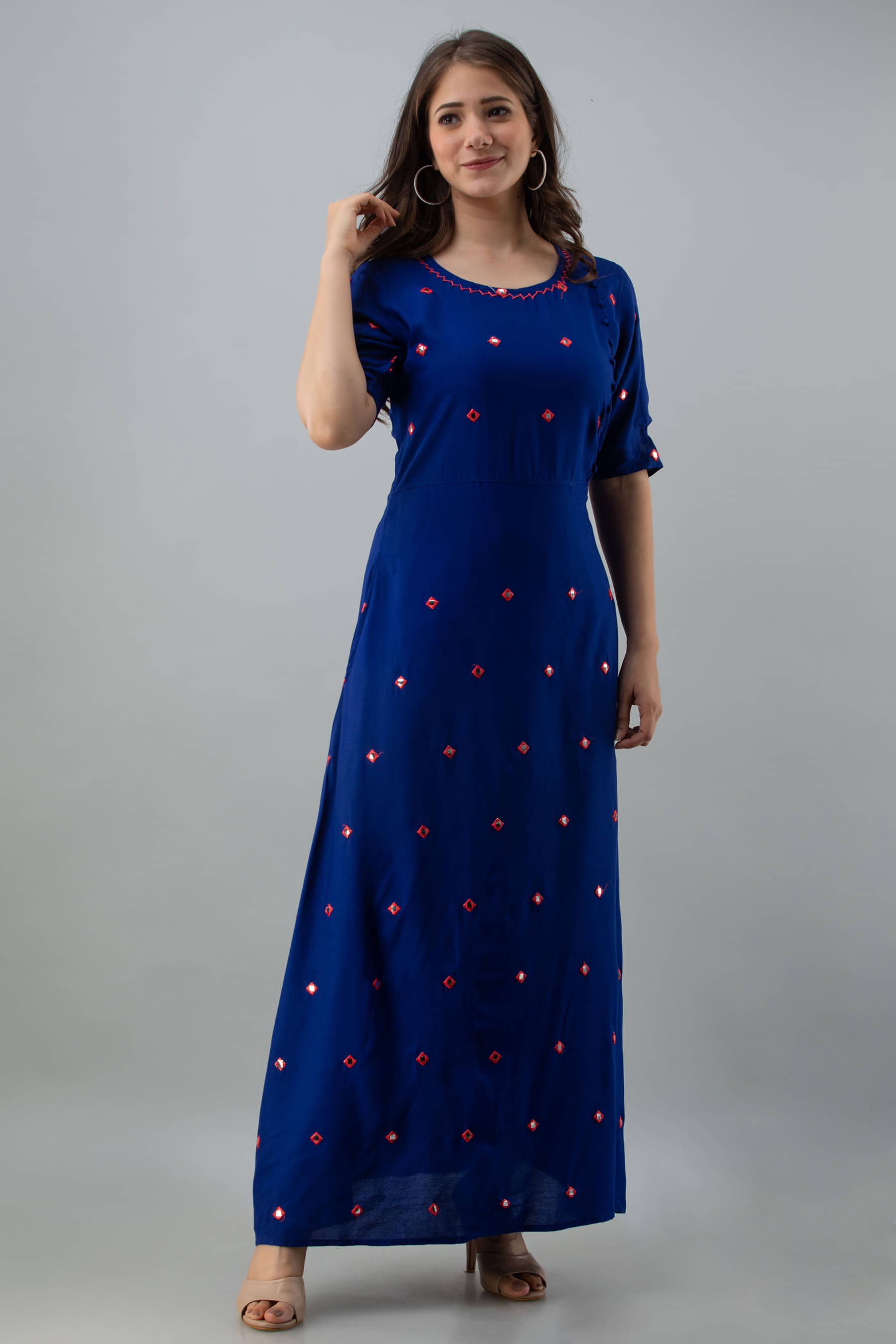     			Frionkandy Women Rayon Embellished Fit & Flare Dress ( Blue )