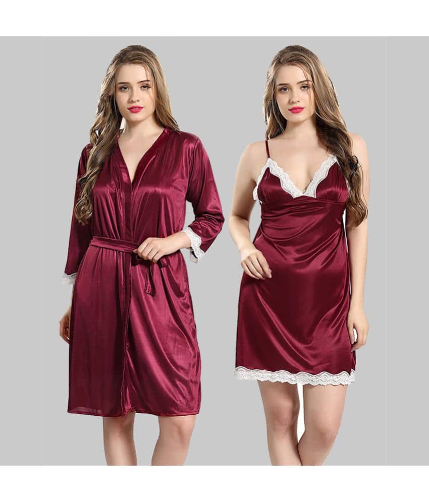 Gutthi - Maroon Satin Women's Nightwear Nighty & Night Gowns ( Pack of 2 ) - Nightwear & Loungewear | Buy online on ZillyBuy