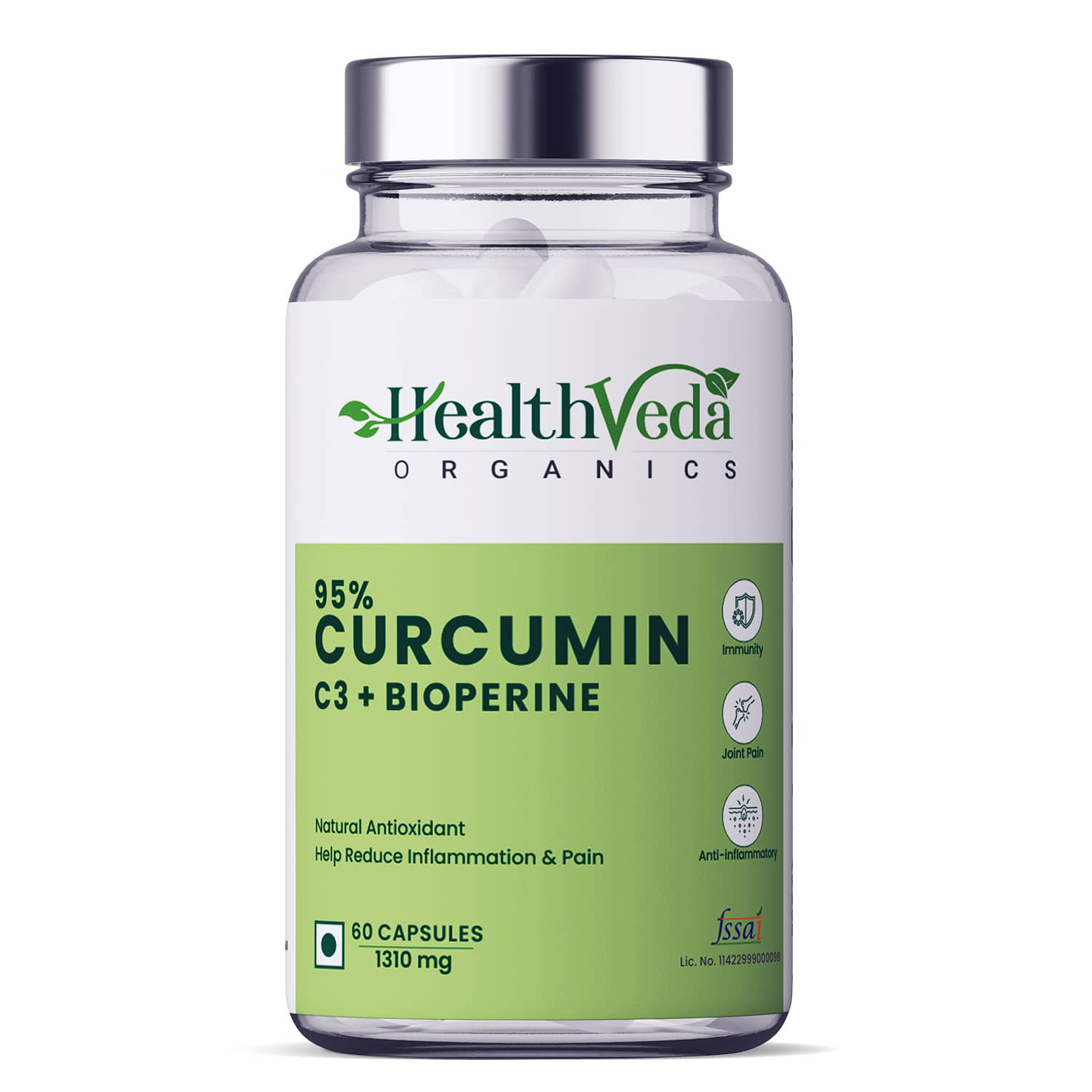 Health Veda Organics Curcumin C3 + Bioperine Supplements for Joint & Muscle Health, 60 Veg Capsules