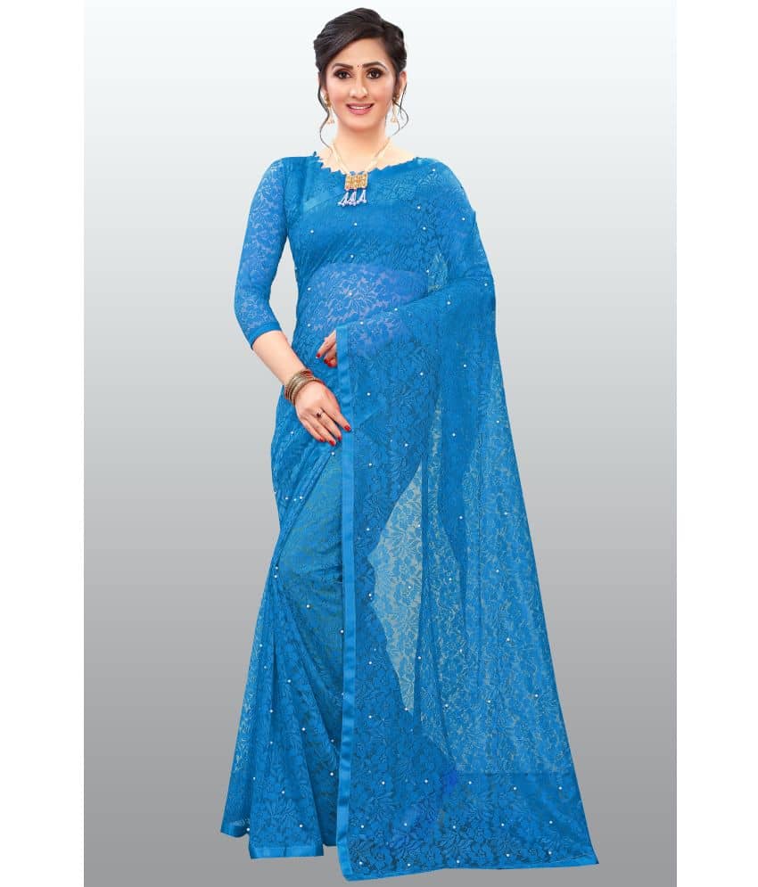 Indy Bliss Net Self Design Saree With Unstitched Blouse Piece ( Blue ) - Sarees | Buy online on ZillyBuy