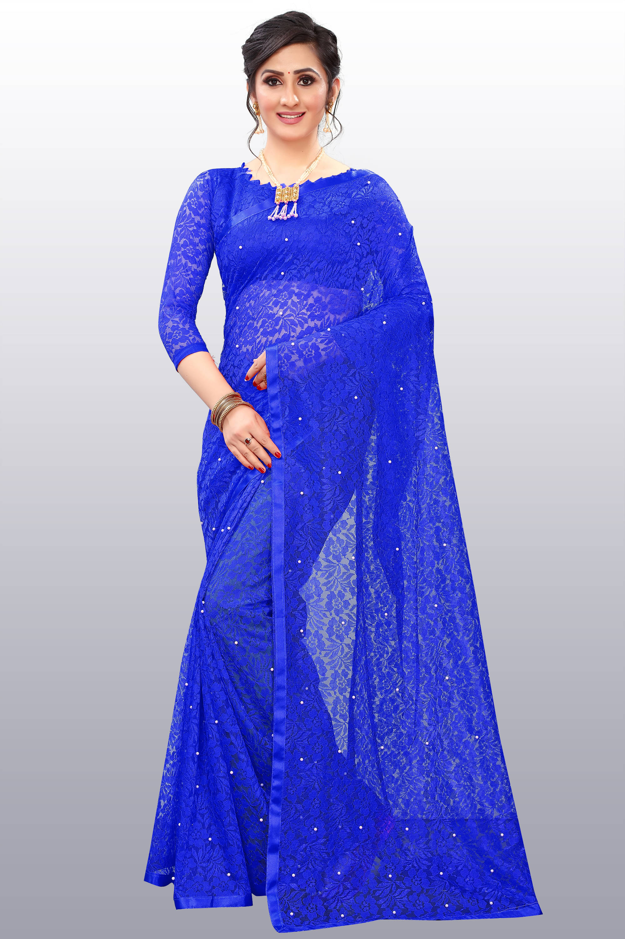     			Indy Bliss Net Embellished Saree With Unstitched Blouse Piece ( Blue )
