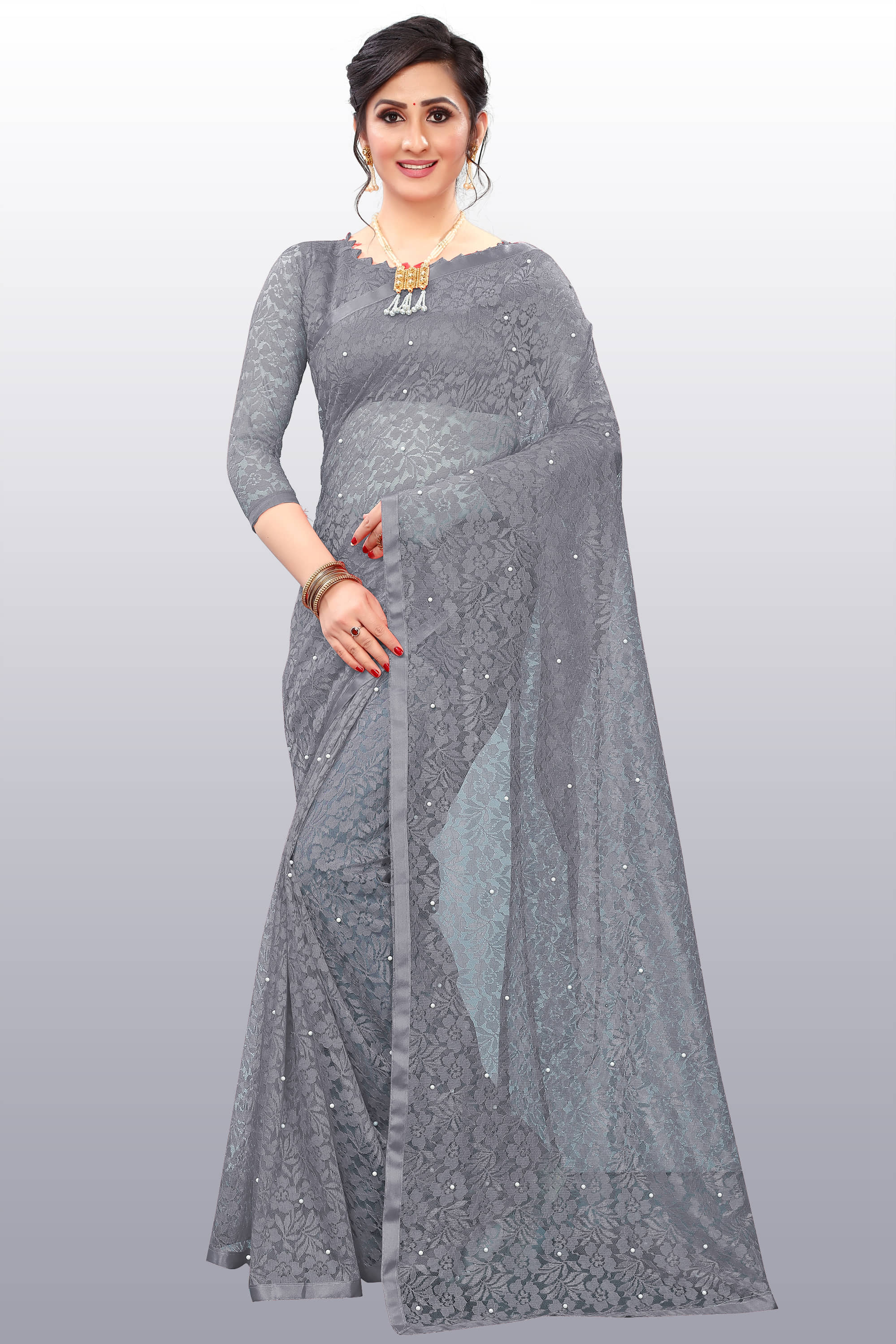Indy Bliss Net Embellished Saree With Unstitched Blouse Piece ( Grey ) - Sarees | Buy online on ZillyBuy