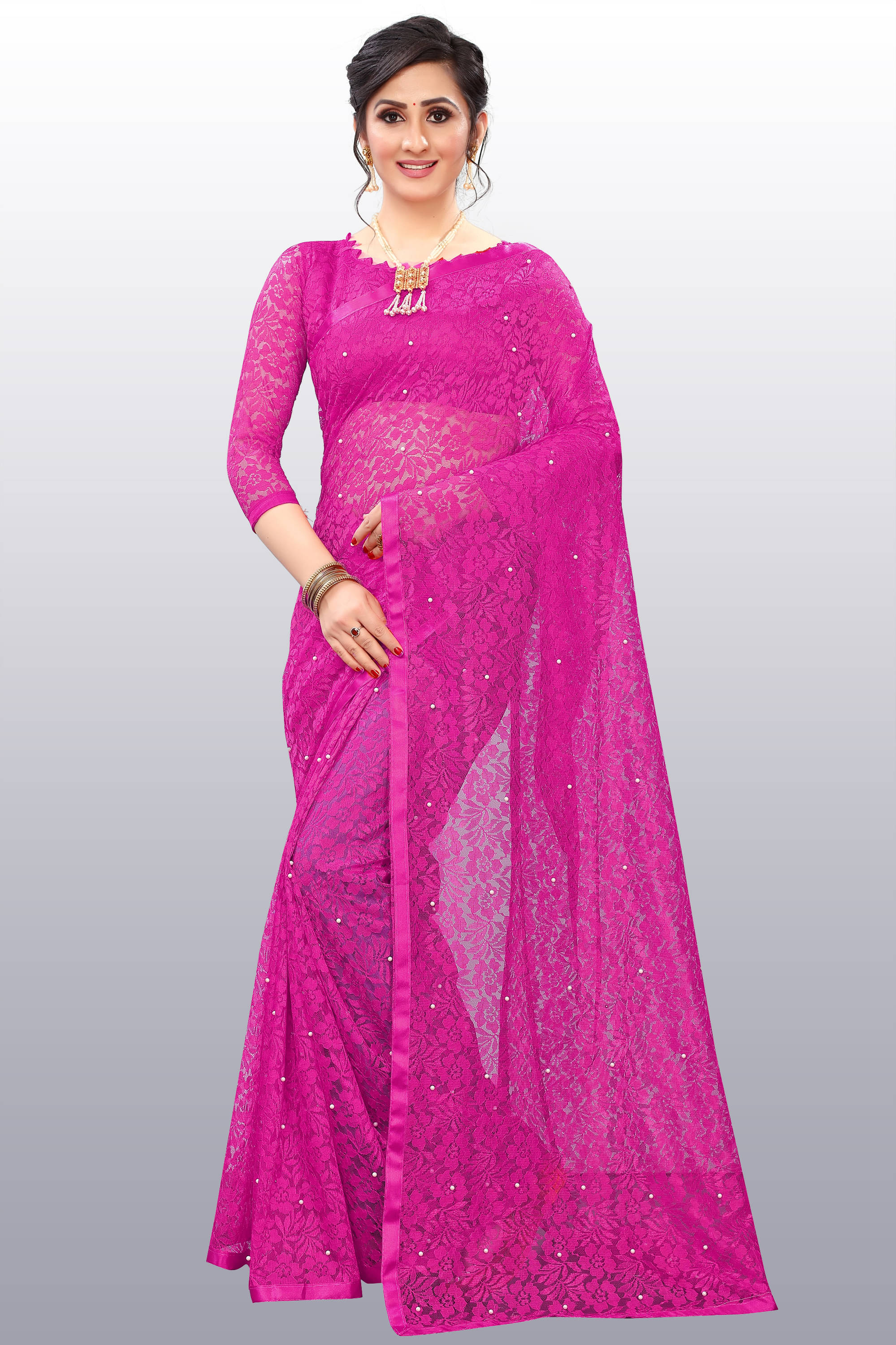     			Indy Bliss Net Embellished Saree With Unstitched Blouse Piece ( Pink )