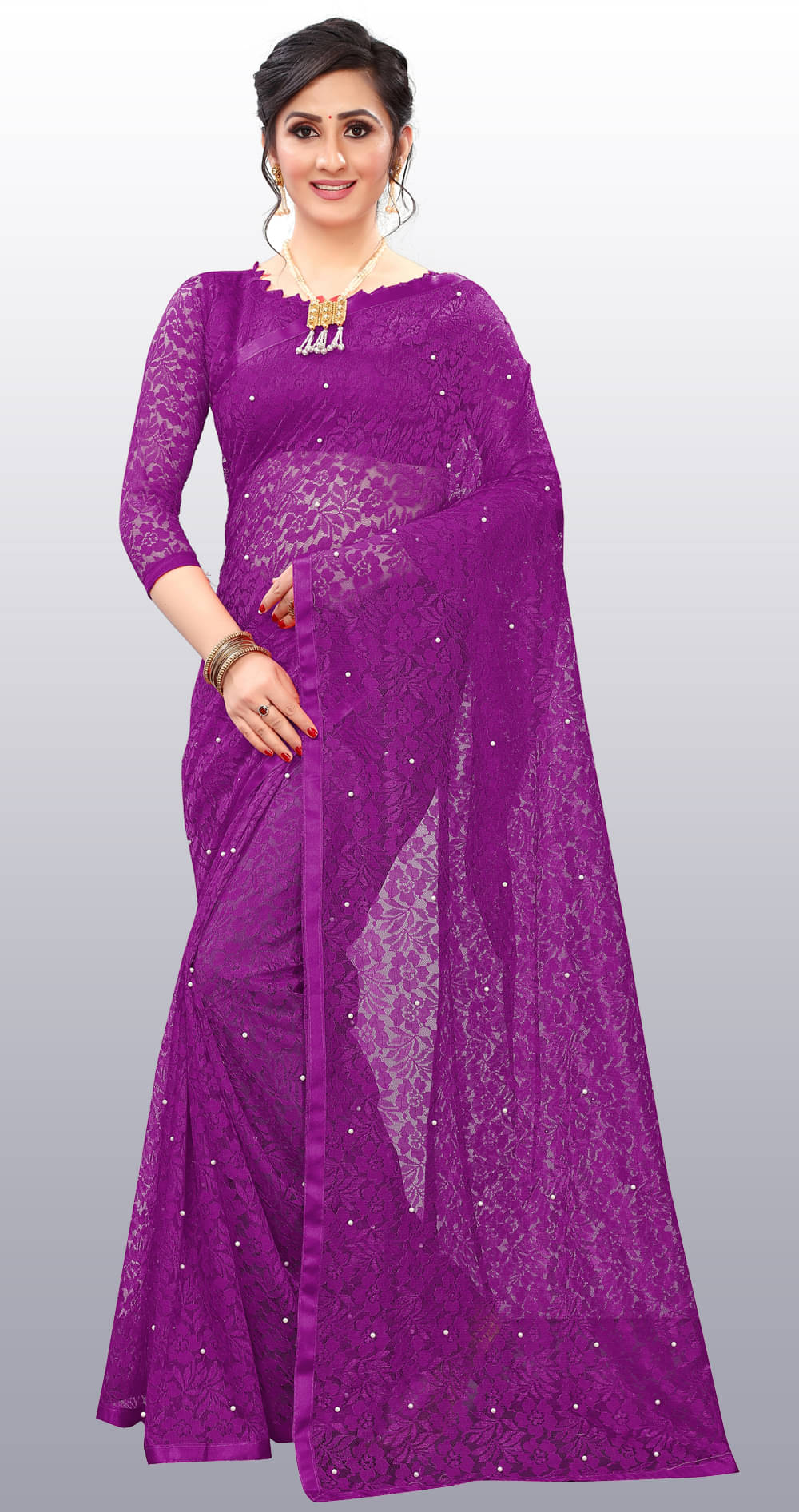 Indy Bliss Net Embellished Saree With Unstitched Blouse Piece ( Purple ) Indy Bliss Net Embellished Saree With Unstitched Blouse Piece ( Purple )
