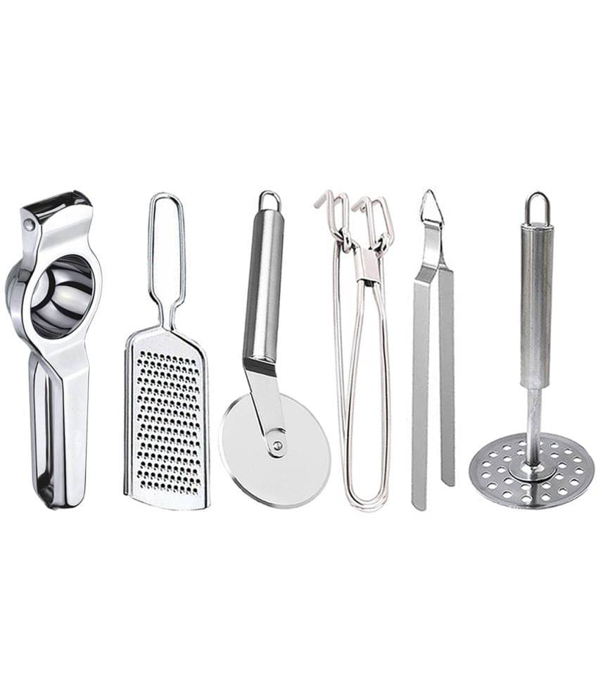JISUN - Silver Stainless Steel Lemon-Grater-Pizza Cutter-Pakkad-Chimta-Masher ( Set of 6 )     			JISUN - Silver Stainless Steel Lemon-Grater-Pizza Cutter-Pakkad-Chimta-Masher ( Set of 6 )