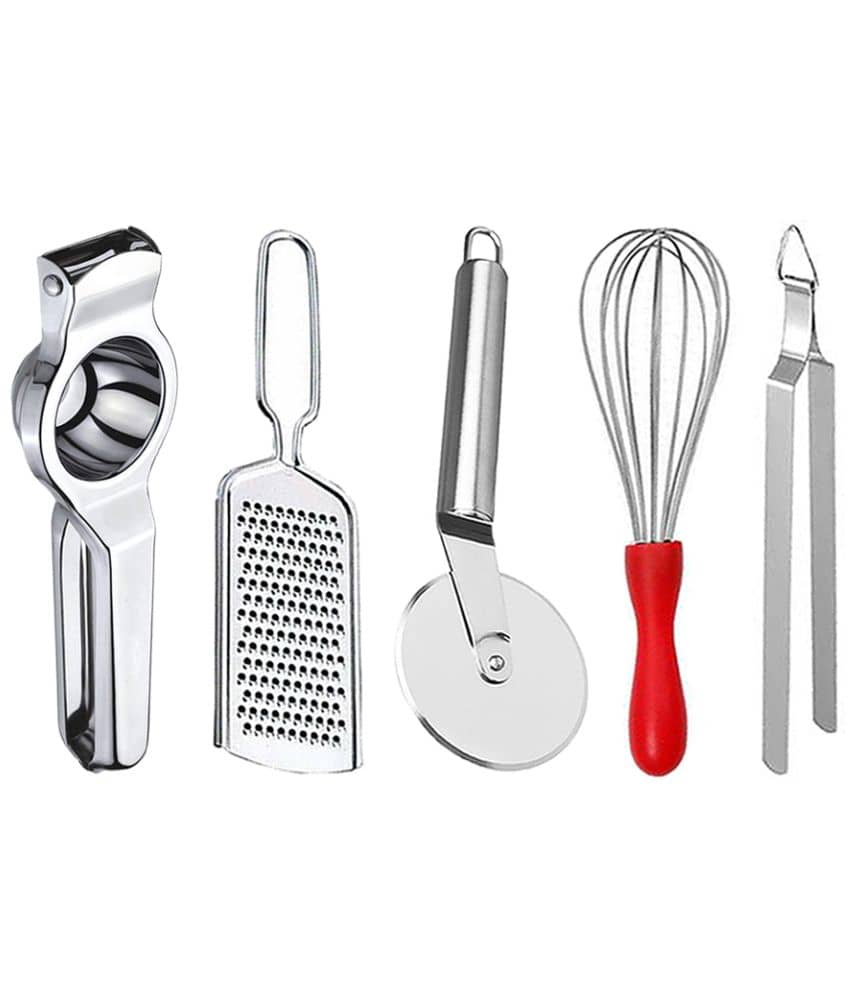 JISUN - Silver Stainless Steel Lemon-Grater-Pizza Cutter-Whisk-Chimta ( Set of 5 )