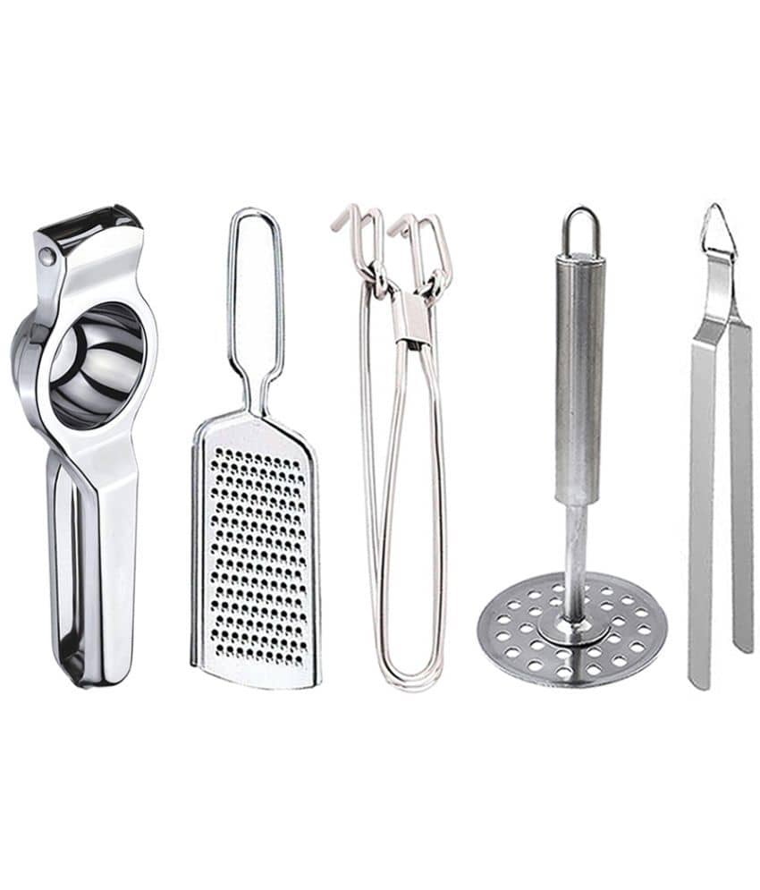 JISUN - Silver Stainless Steel Lemon-Grater-Pakkad-Masher-Chimta ( Set of 5 )