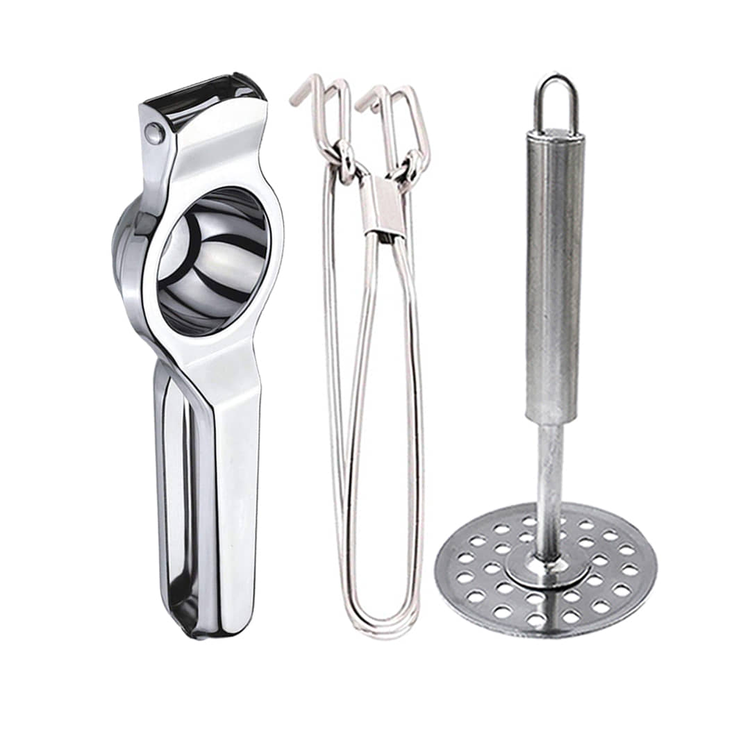 JISUN - Silver Stainless Steel Lemon Squeezer & Pakkad & Potato Masher ( Set of 3 )