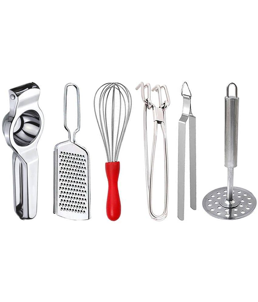 JISUN - Silver Stainless Steel Lemon-Grater-Whisk-Pakkad-Chimta-Masher ( Set of 6 )