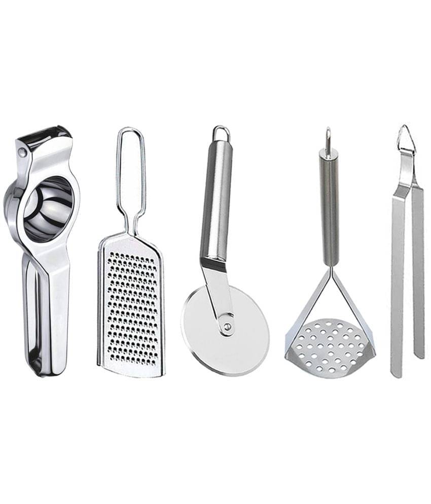 JISUN - Silver Stainless Steel Lemon-Grater-Pizza Cutter-Masher-Chimta ( Set of 5 )     			JISUN - Silver Stainless Steel Lemon-Grater-Pizza Cutter-Masher-Chimta ( Set of 5 )
