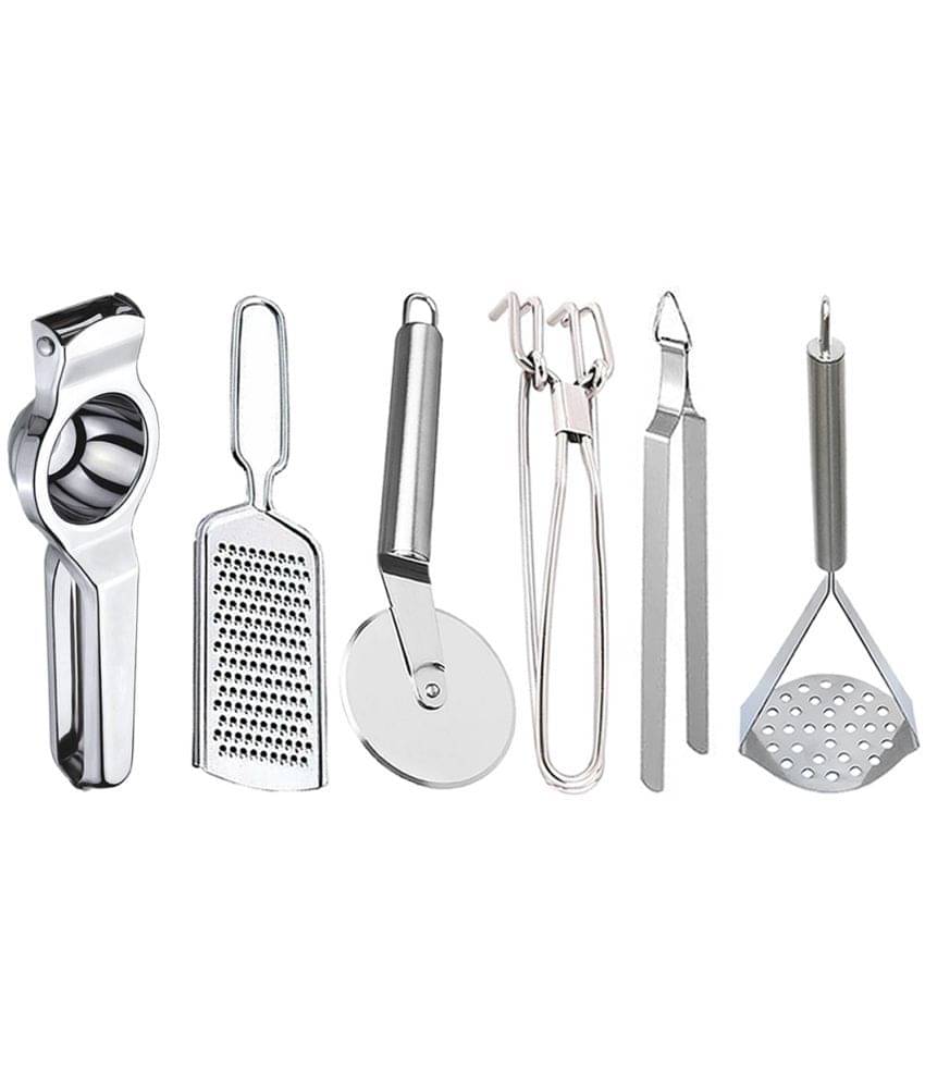 JISUN - Silver Stainless Steel Lemon-Grater-Pizza Cutter-Pakkad-Chimta-Masher ( Set of 6 )     			JISUN - Silver Stainless Steel Lemon-Grater-Pizza Cutter-Pakkad-Chimta-Masher ( Set of 6 )