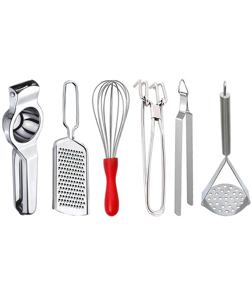 JISUN - Silver Stainless Steel Lemon-Grater-Whisk-Pakkad-Chimta-Masher ( Set of 6 )     			JISUN - Silver Stainless Steel Lemon-Grater-Whisk-Pakkad-Chimta-Masher ( Set of 6 )