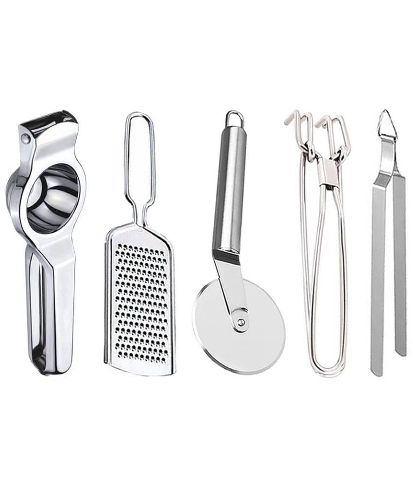 JISUN - Silver Stainless Steel Lemon-Grater-Pizza Cutter-Pakkad-Chimta ( Set of 5 )