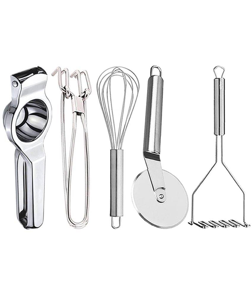     			JISUN - Silver Stainless Steel Lemon-Pakkad-Whisk-Pizza cutter-Masher ( Set of 5 )
