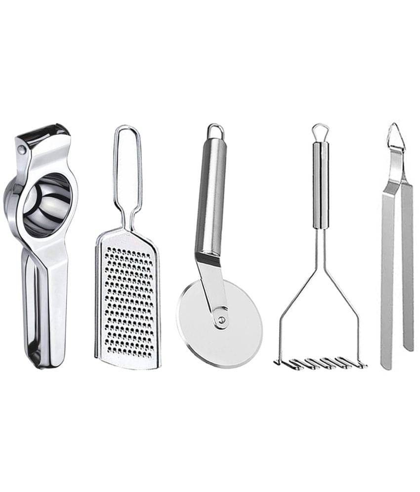     			JISUN - Silver Stainless Steel Lemon-Grater-Pizza Cutter-Masher-Chimta ( Set of 5 )