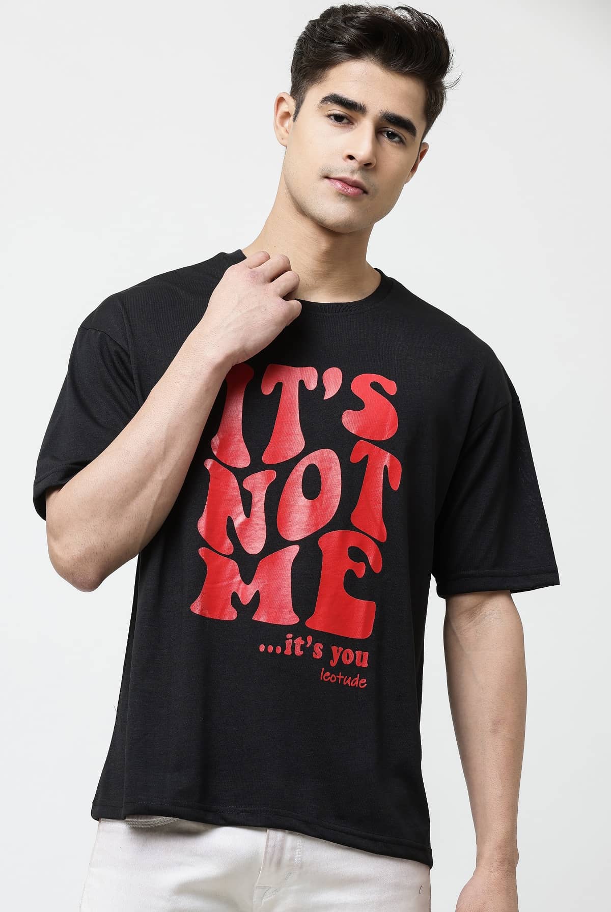 Leotude Men Cotton Blend Oversized Fit Printed T-Shirt ( Black )