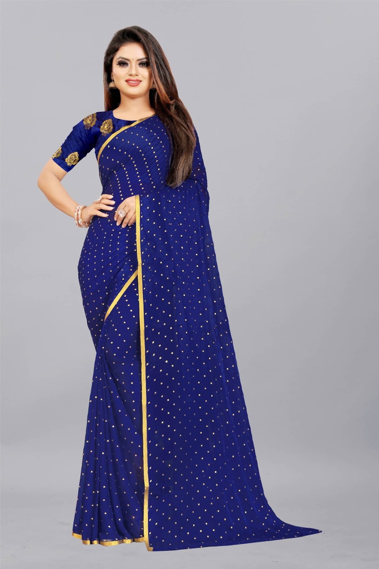 Rhey Chiffon Printed Saree With Unstitched Blouse Piece ( Yellow ) - Sarees | Buy online on ZillyBuy