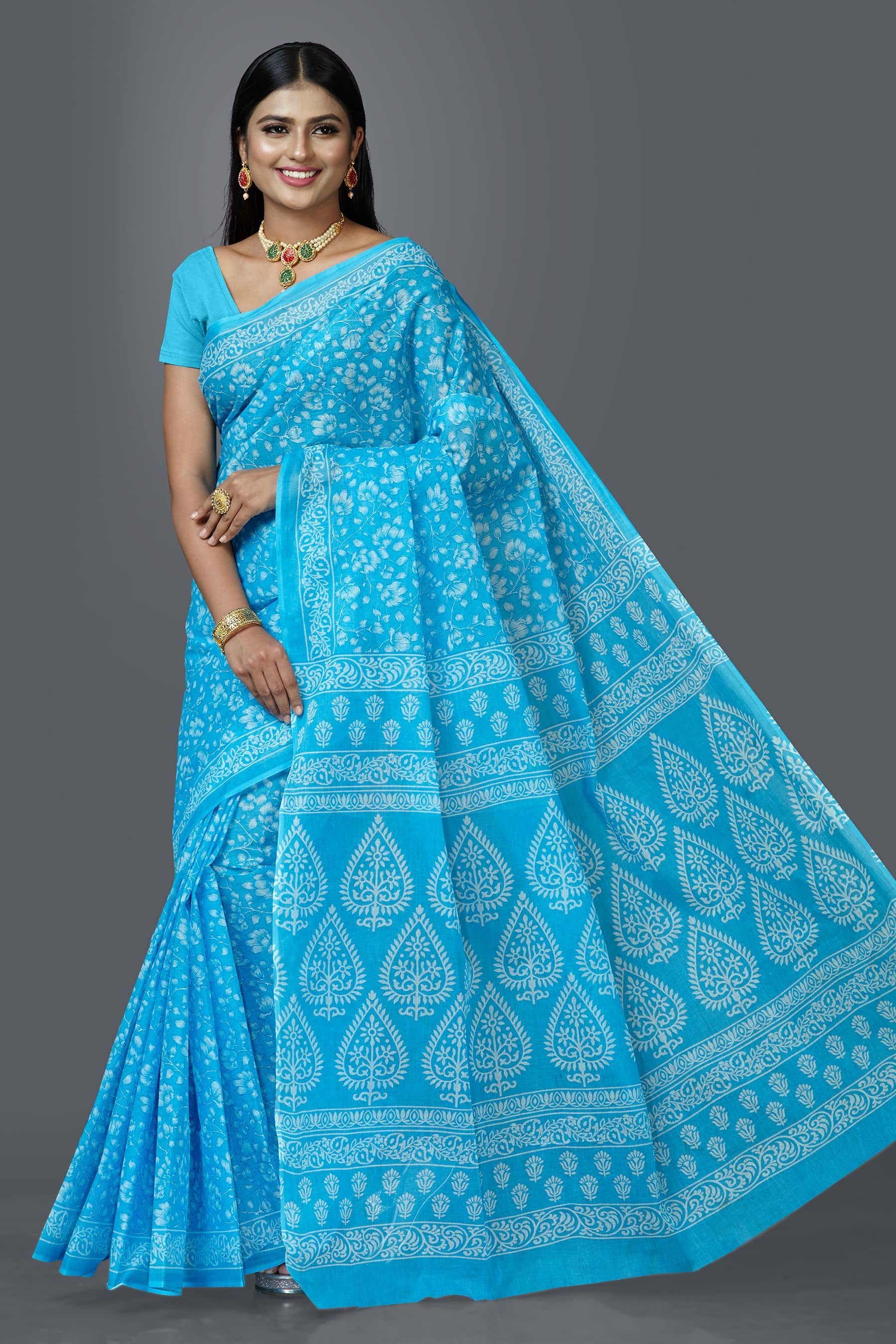 SHANVIKA Cotton Printed Saree Without Blouse Piece ( Blue ) - Sarees | Buy online on ZillyBuy
