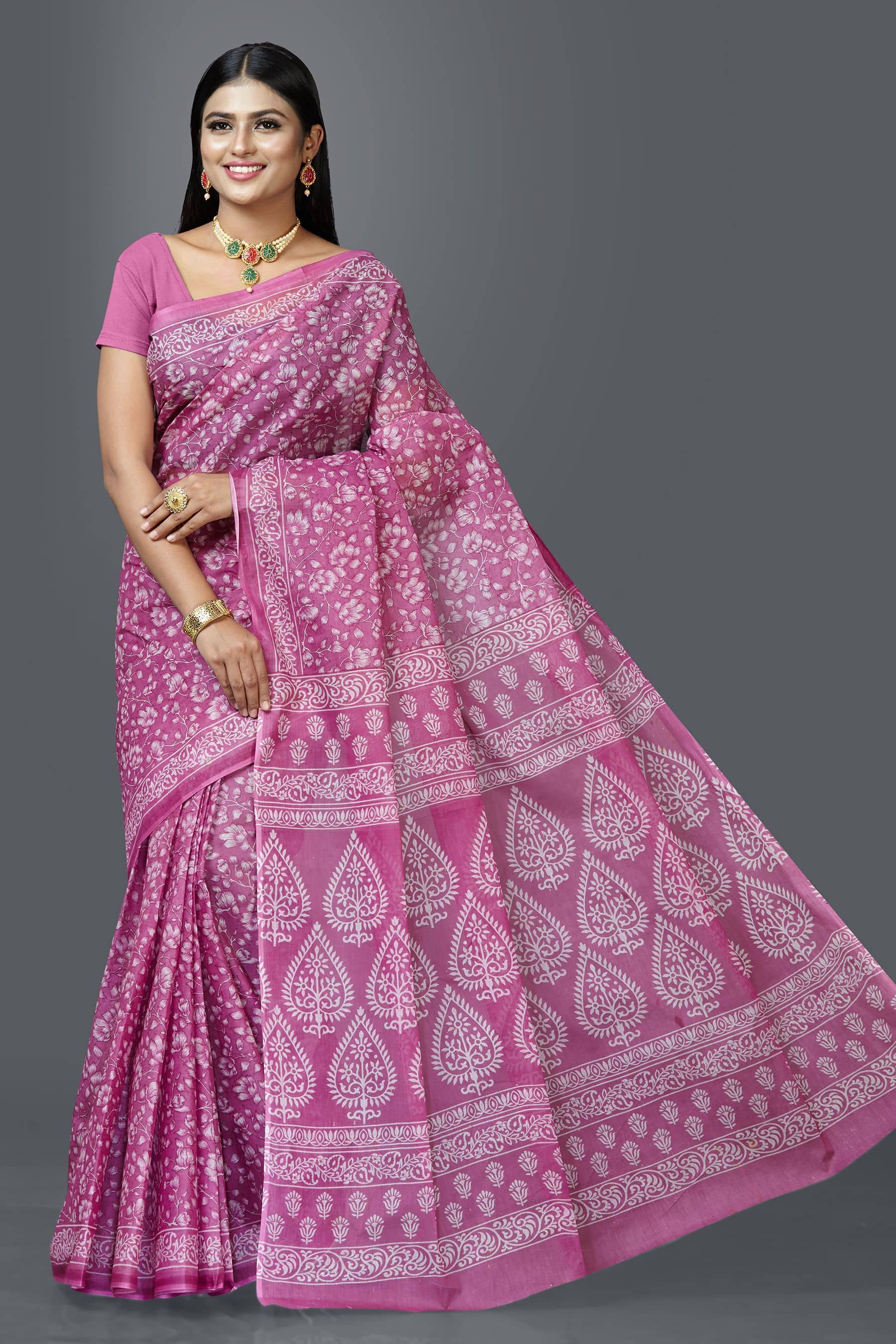SHANVIKA Cotton Printed Saree Without Blouse Piece ( Pink ) - Sarees | Buy online on ZillyBuy