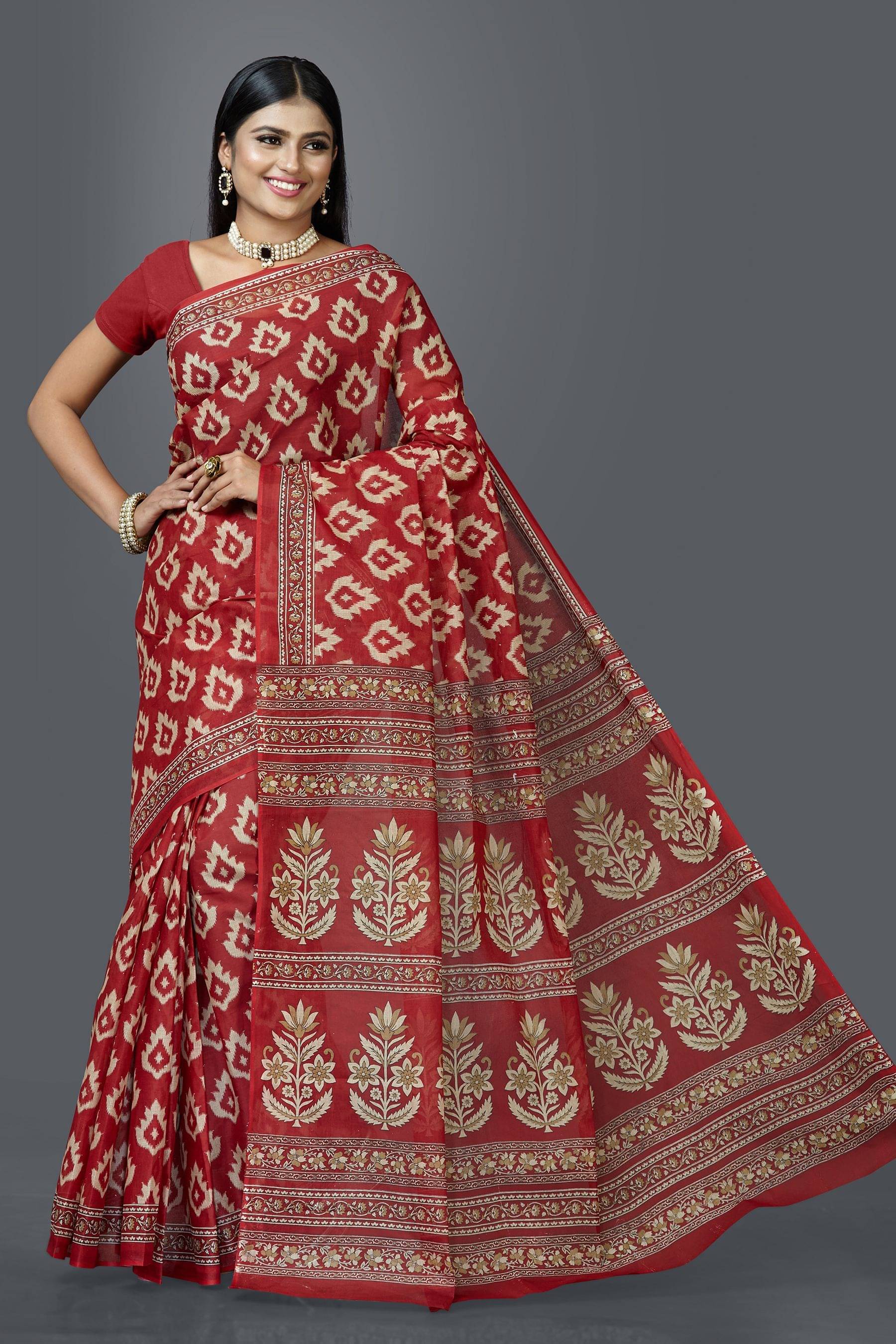 SHANVIKA Cotton Printed Saree Without Blouse Piece ( Red ) SHANVIKA Cotton Printed Saree Without Blouse Piece ( Red )