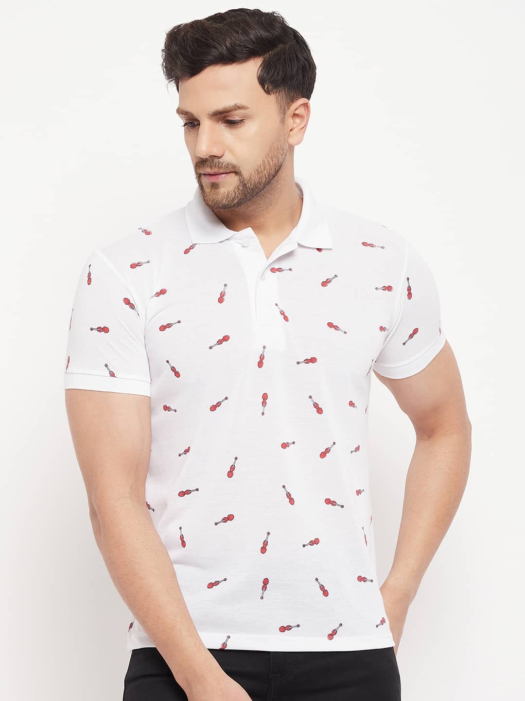 The Million Club Pack of 1 Cotton Blend Regular Fit Printed Half Sleeves Men's Polo T Shirt ( White )